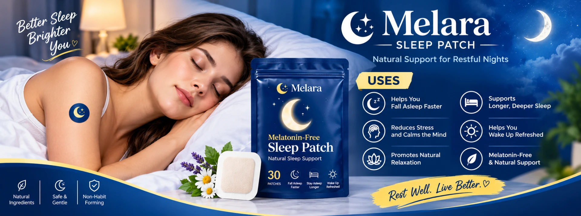 Melara Sleep Patch benefits โ fall asleep faster, deeper sleep, calm mind, wake up refreshed, natural relaxation