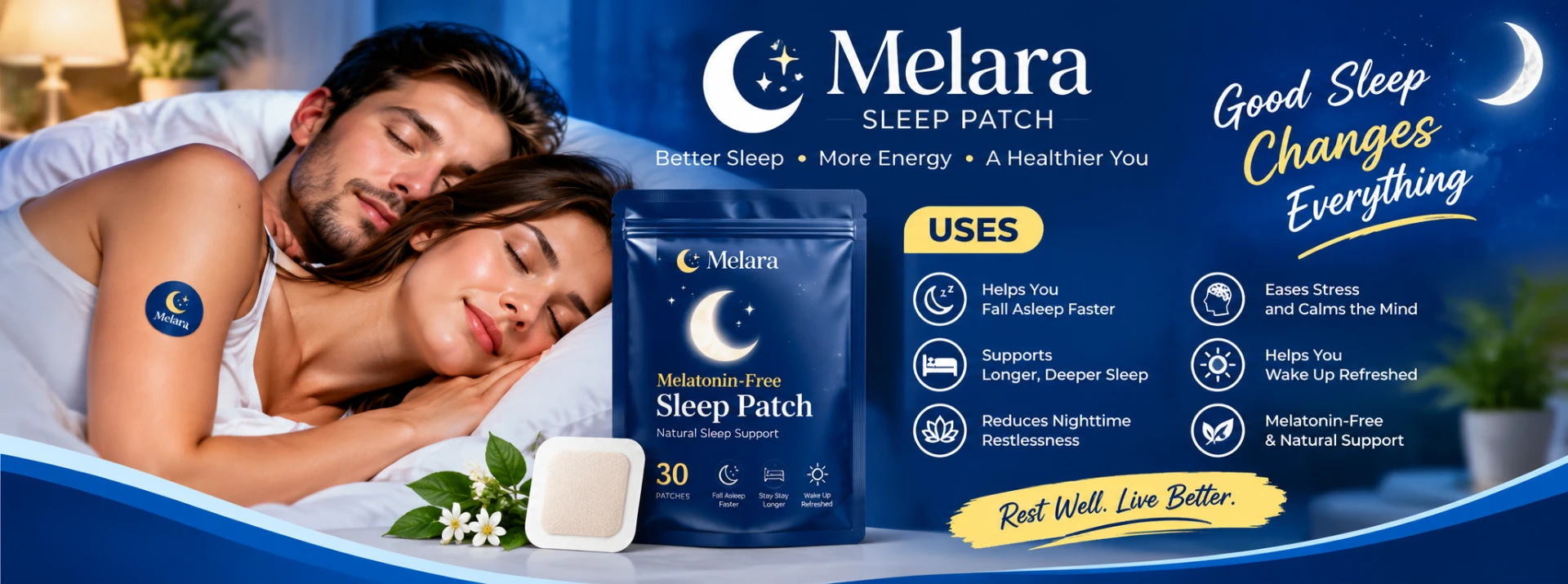 Couple sleeping peacefully with Melara Sleep Patch โ good sleep changes everything